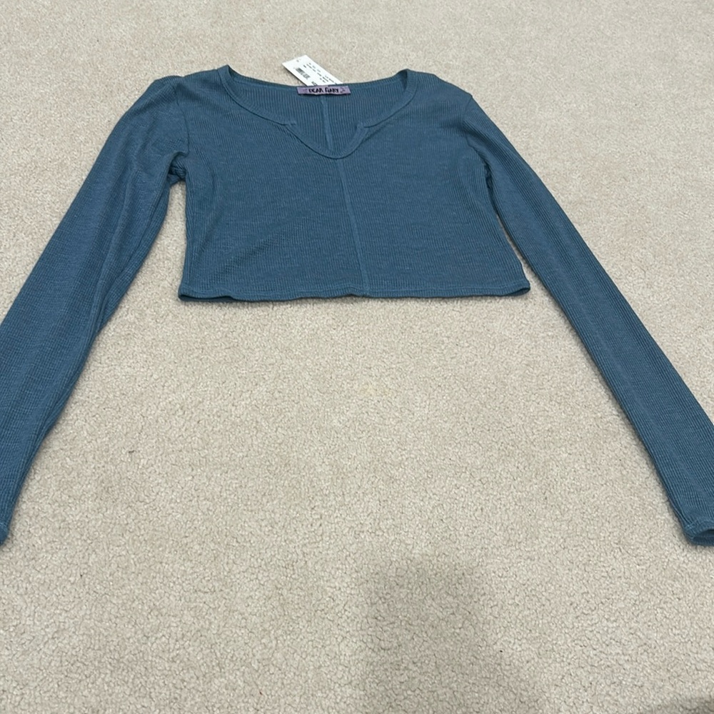 Waffle Cropped Blue Notch Long Sleeve